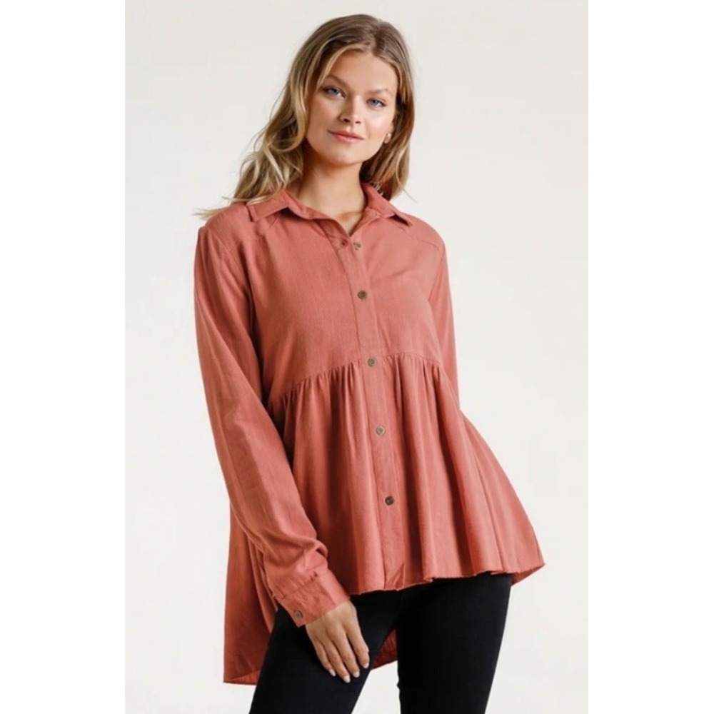Umgee‎ Rust Orange Linen Blend Babydoll Tunic Button Down Top